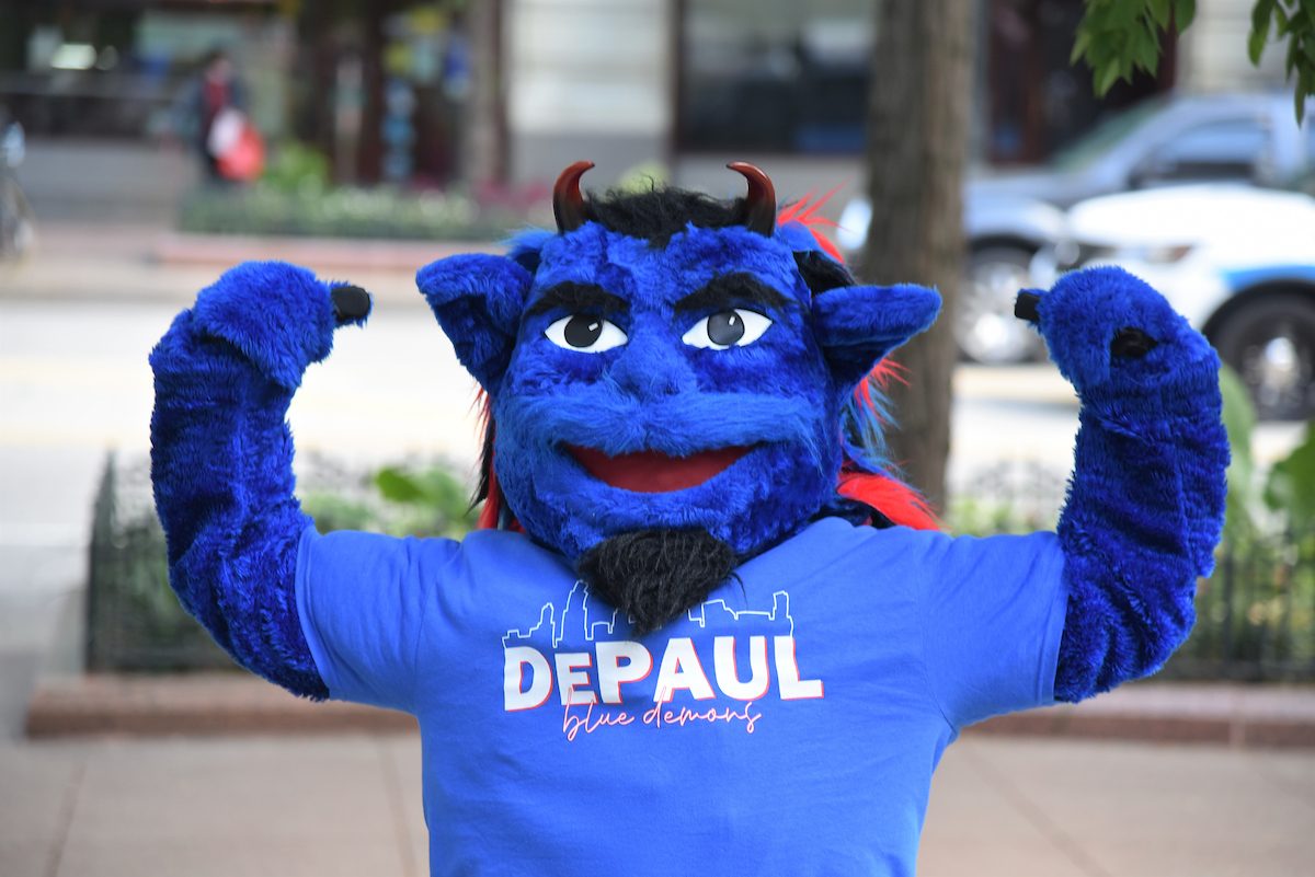 DePaul's official mascot DIBS (Demon in a Blue Suit)